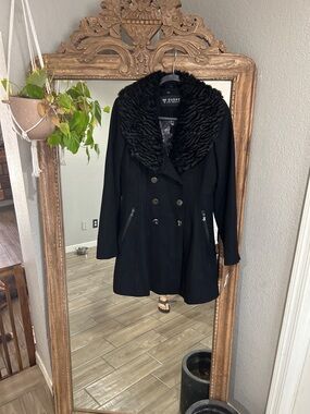 Guess by Marciano Black Faux-Fur Collar Double-Breasted Pea Coat